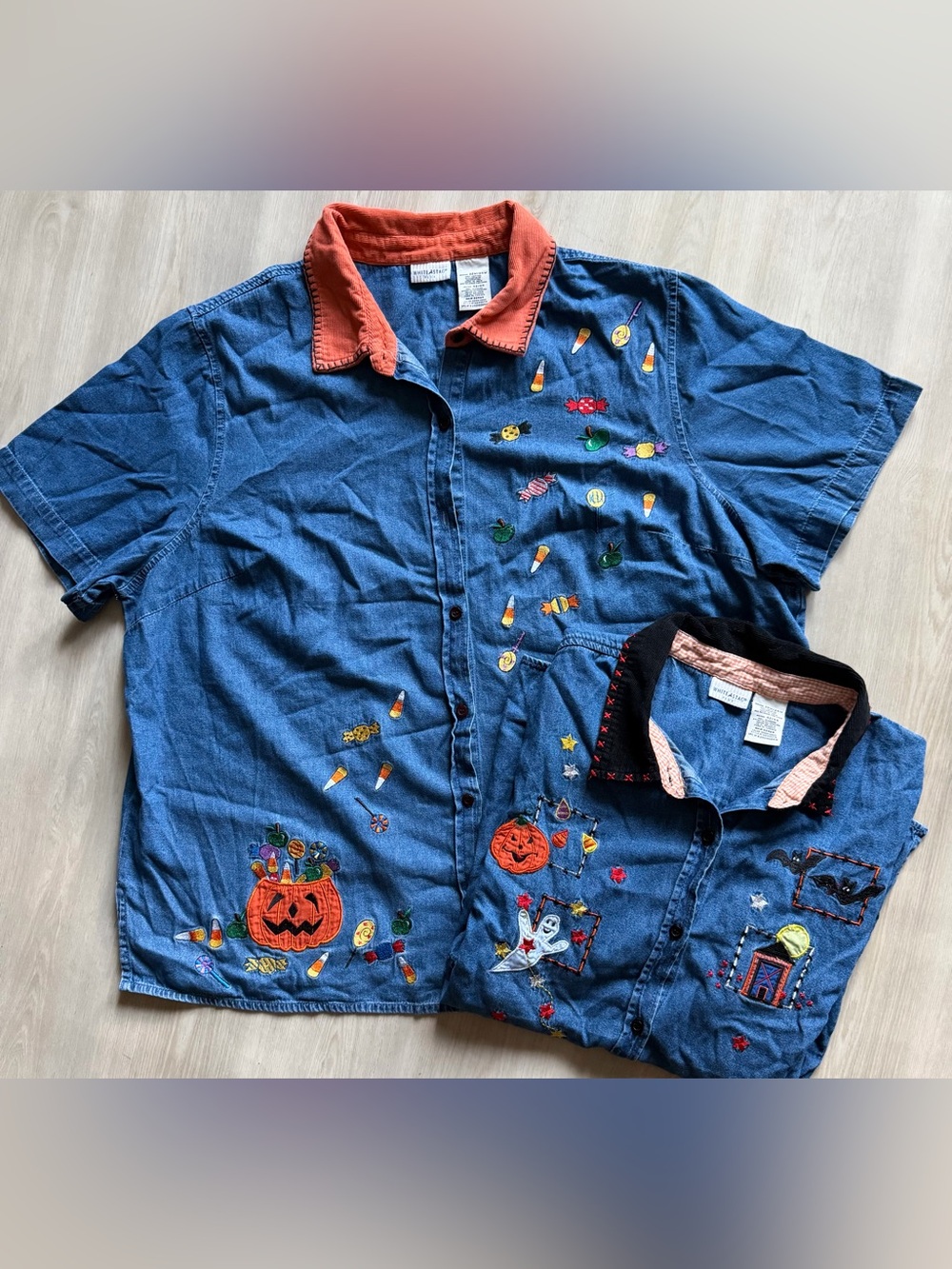 2 Vintage Denim Halloween Embroidered Button Up Top Size 22W